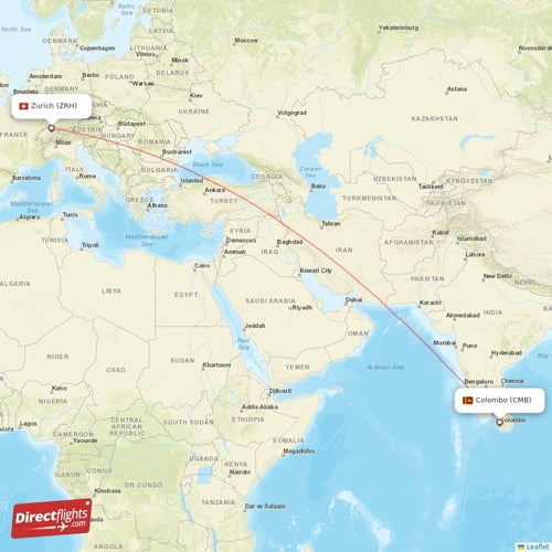 Zurich - Colombo direct flight map