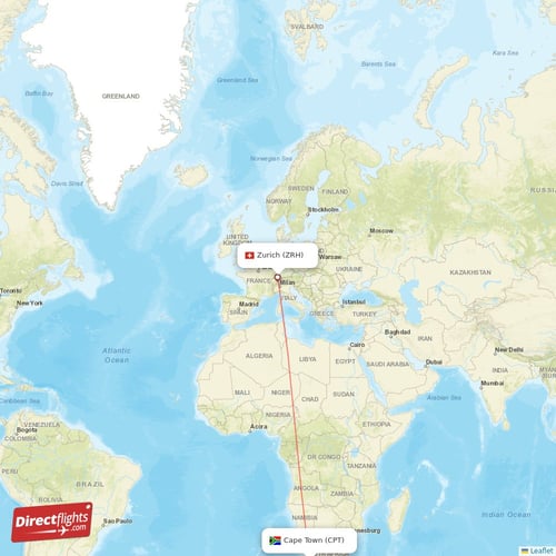 Zurich - Cape Town direct flight map