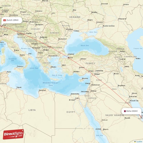 Zurich - Doha direct flight map