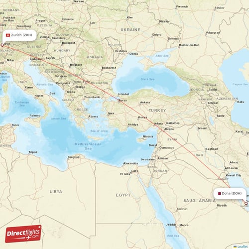 Zurich - Doha direct flight map