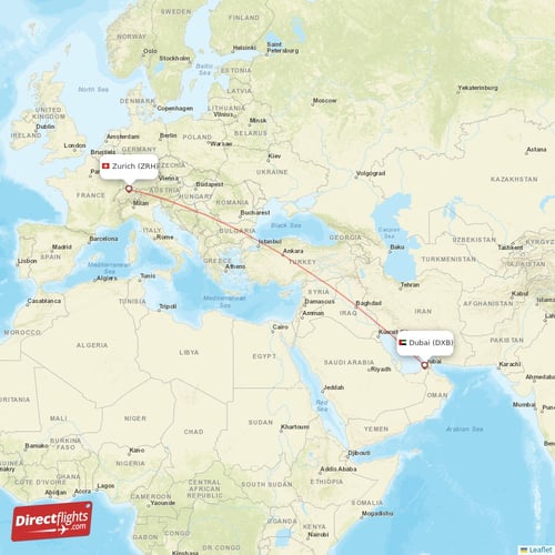Zurich - Dubai direct flight map