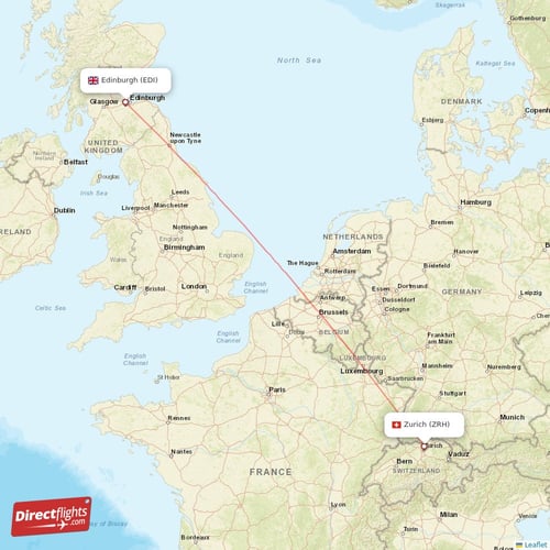 Zurich - Edinburgh direct flight map
