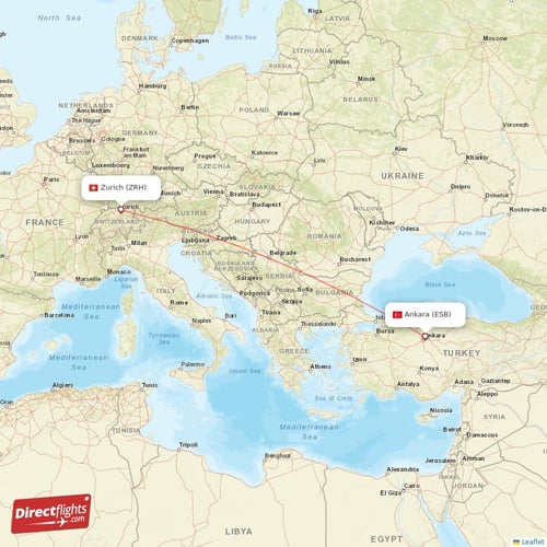 Zurich - Ankara direct flight map