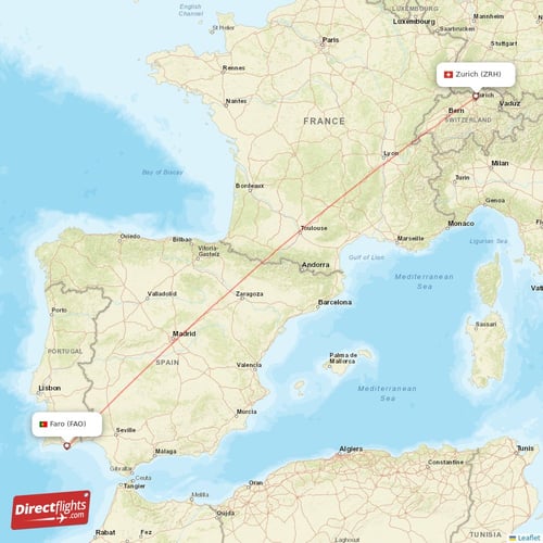 Zurich - Faro direct flight map