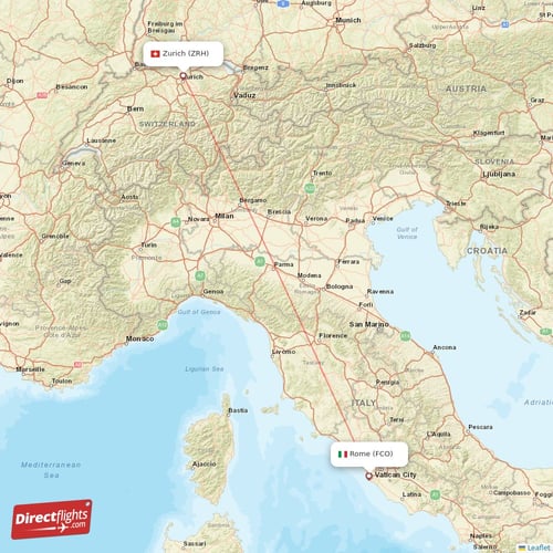 Zurich - Rome direct flight map