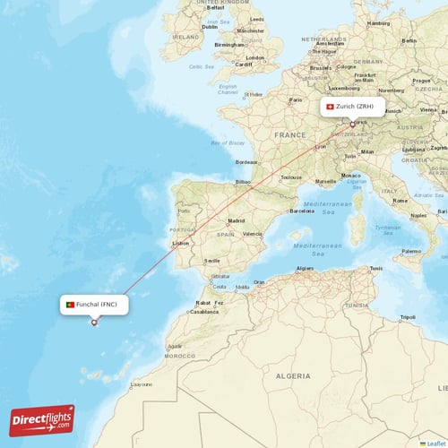 Zurich - Funchal direct flight map