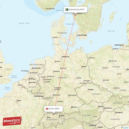 Zurich - Gothenburg direct flight map