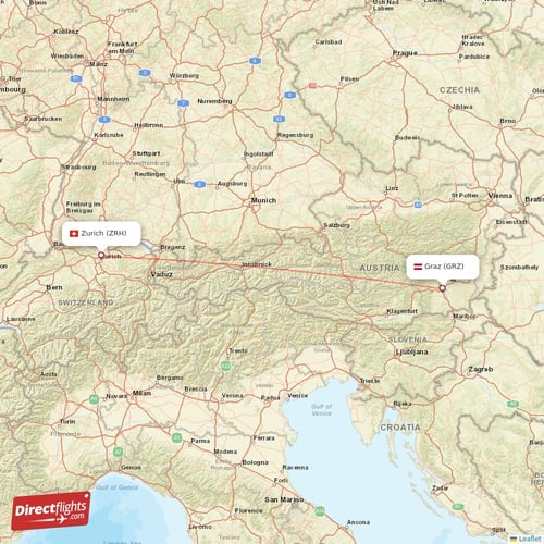 Zurich - Graz direct flight map