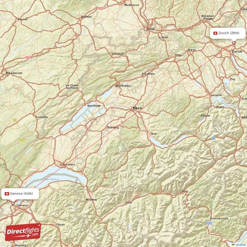 Zurich - Geneva direct flight map