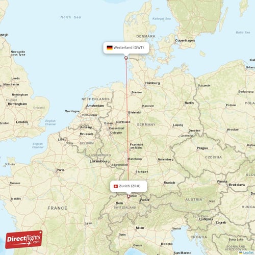 Zurich - Westerland direct flight map
