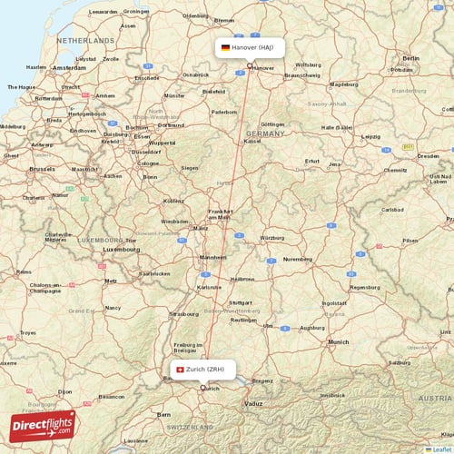 Zurich - Hanover direct flight map