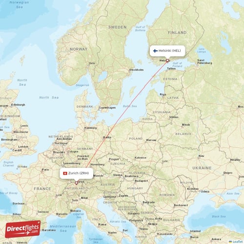 Zurich - Helsinki direct flight map
