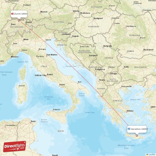 Zurich - Heraklion direct flight map