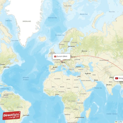 Zurich - Hong Kong direct flight map