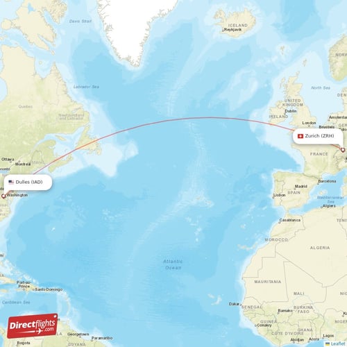 Zurich - Dulles direct flight map