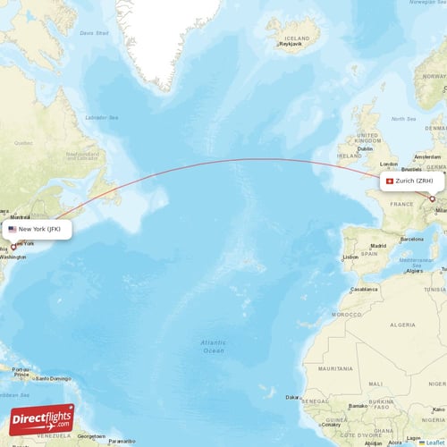 Zurich - New York direct flight map