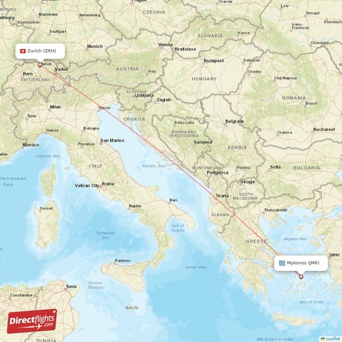 Zurich - Mykonos direct flight map