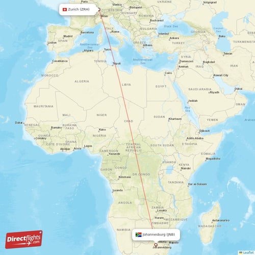 Zurich - Johannesburg direct flight map