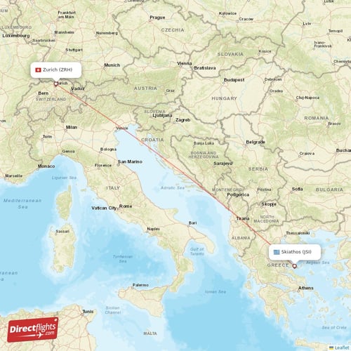Zurich - Skiathos direct flight map