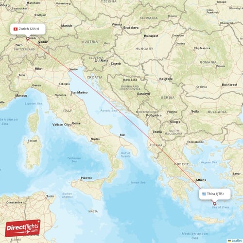 Zurich - Thira direct flight map