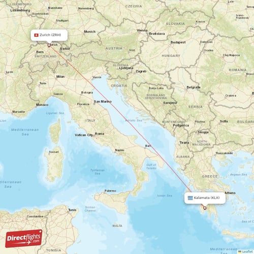Zurich - Kalamata direct flight map