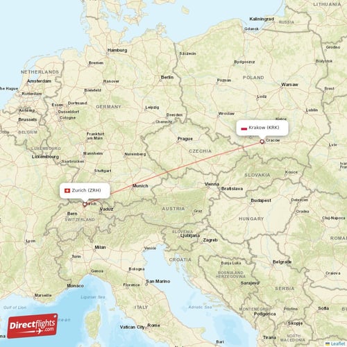 Zurich - Krakow direct flight map