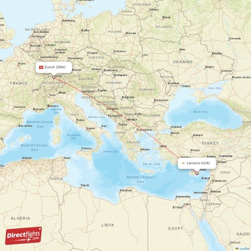 Zurich - Larnaca direct flight map