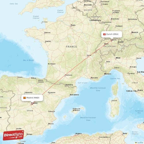 Zurich - Madrid direct flight map