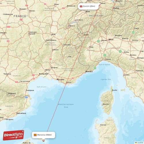 Zurich - Menorca direct flight map