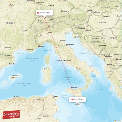 Zurich - Malta direct flight map