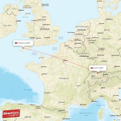 Zurich - Newquay direct flight map