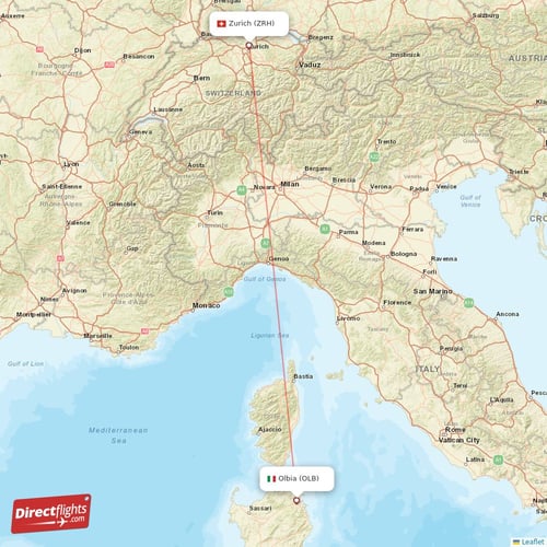 Zurich - Olbia direct flight map