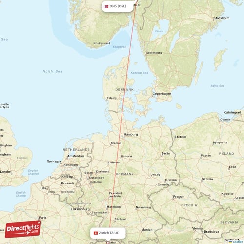 Zurich - Oslo direct flight map