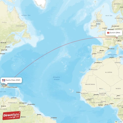 Zurich - Puerto Plata direct flight map