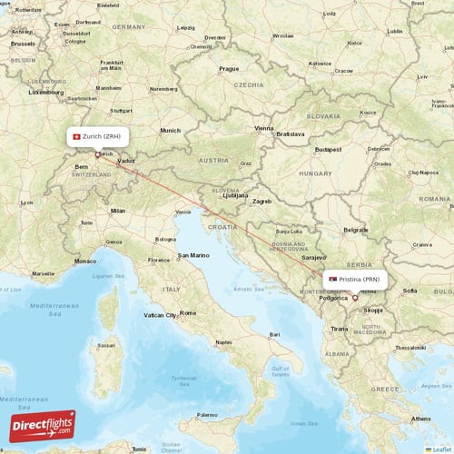 Zurich - Pristina direct flight map