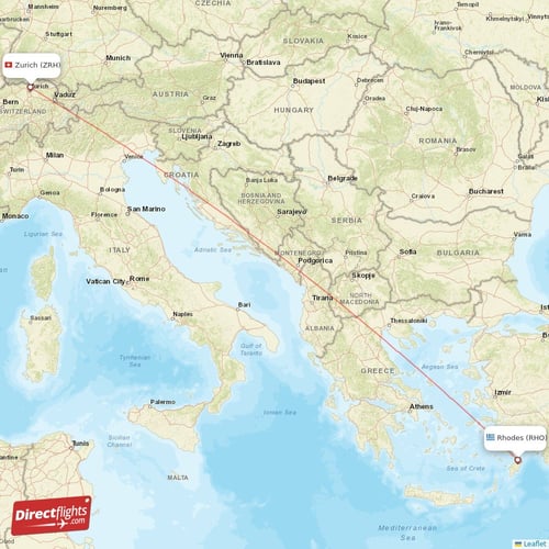 Zurich - Rhodes direct flight map
