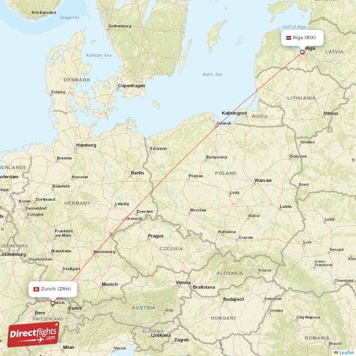 Zurich - Riga direct flight map