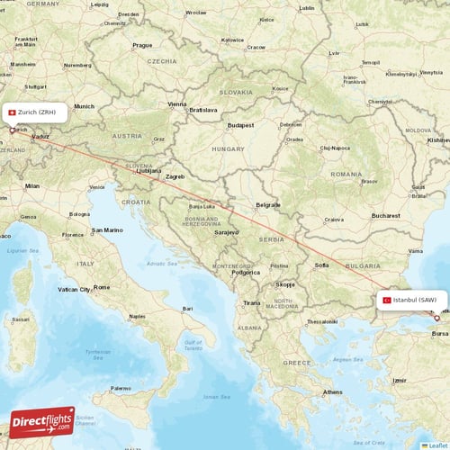 Zurich - Istanbul direct flight map