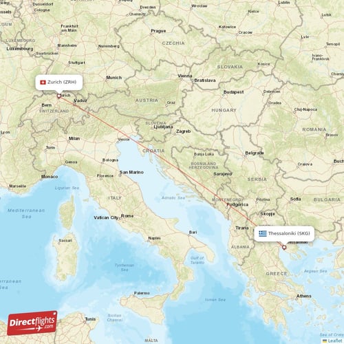 Zurich - Thessaloniki direct flight map