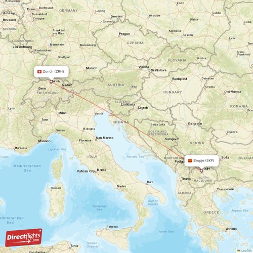 Zurich - Skopje direct flight map