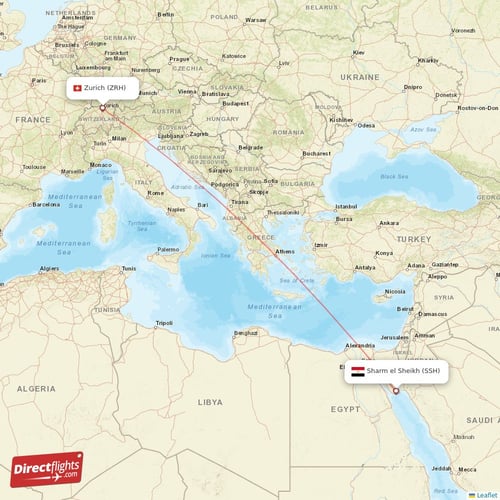 Zurich - Sharm el Sheikh direct flight map