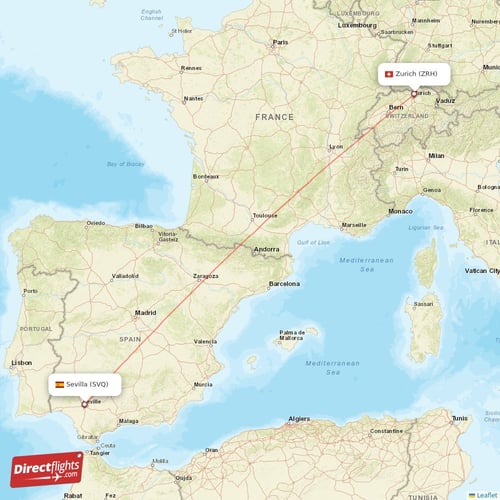 Zurich - Sevilla direct flight map