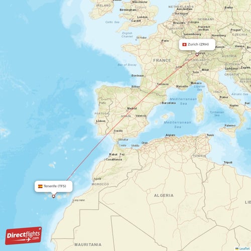Zurich - Tenerife direct flight map