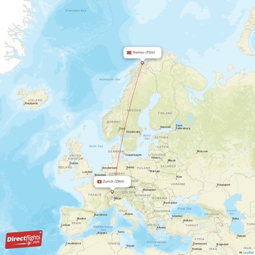 Zurich - Tromso direct flight map