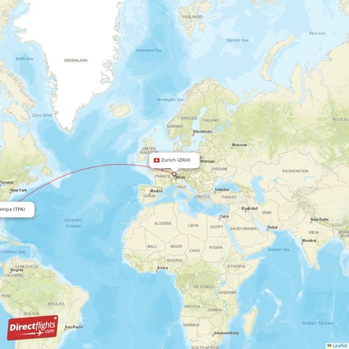 Zurich - Tampa direct flight map