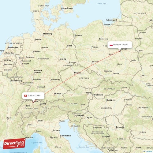 Zurich - Warsaw direct flight map
