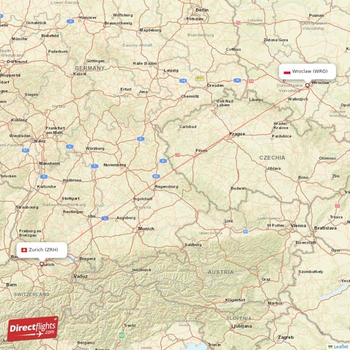 Zurich - Wroclaw direct flight map