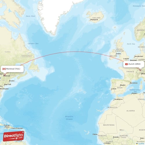 Zurich - Montreal direct flight map
