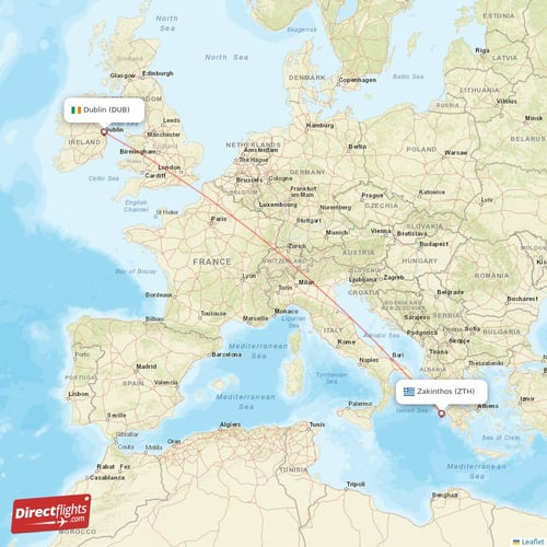 Zakinthos - Dublin direct flight map