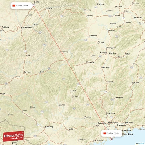 Zhuhai - Dazhou direct flight map